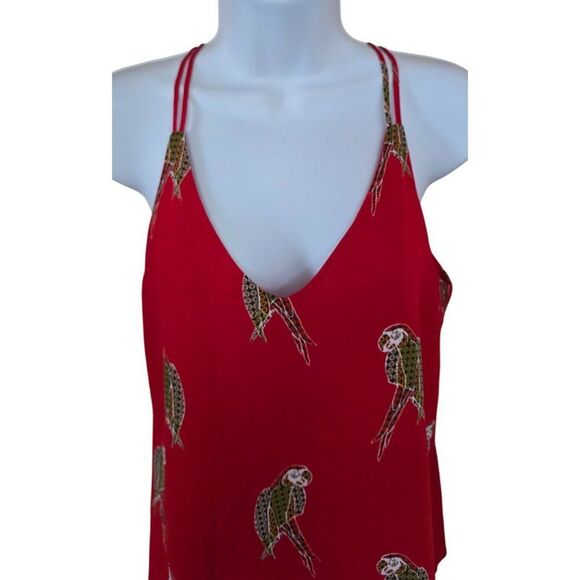 Parrot Print Red Tank Top V-Neck Spaghetti Straps babydoll chic birds work wear - Picture 3 of 5